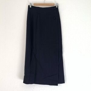 Vintage Express Skirt Women 3/4 Black Wool Blend‎ Wrap Modest Button Career Midi